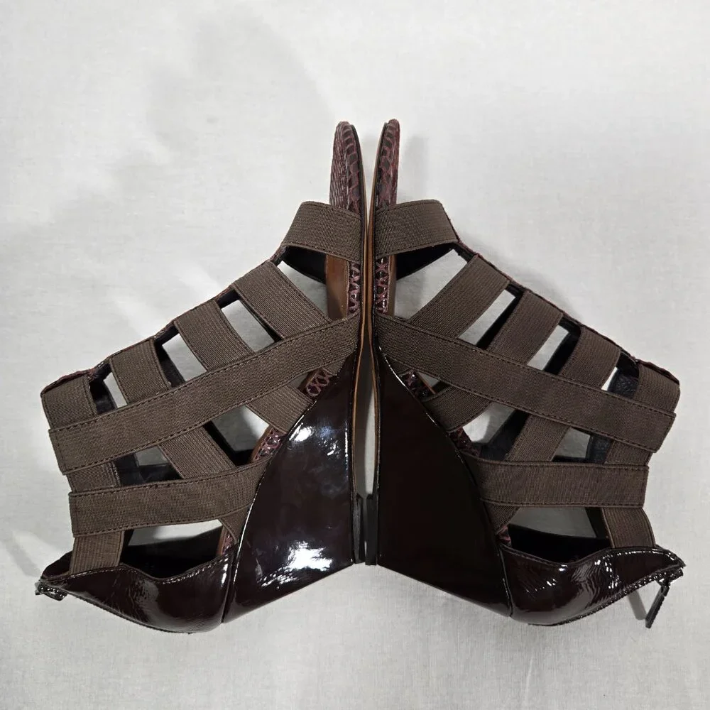 DONALD J PLINER Pira BROWN Watersnake & Stretchy Strappy Ankle Wedge Sandals 8M. - Picture 9 of 17